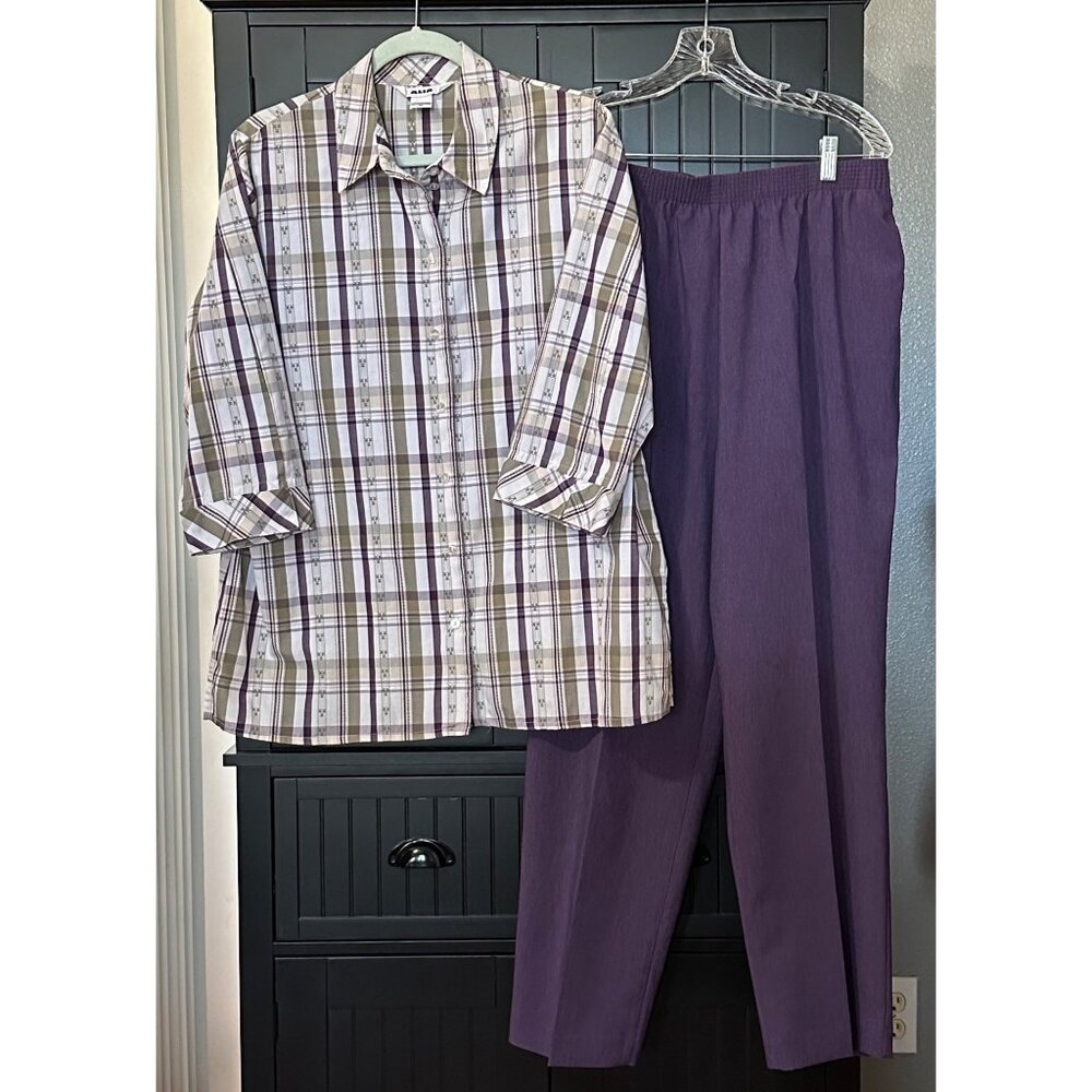 Alia Womens Pants Set Size 16 Plaid Button-Up‎ Shirt Purple Elastic Waist Pants